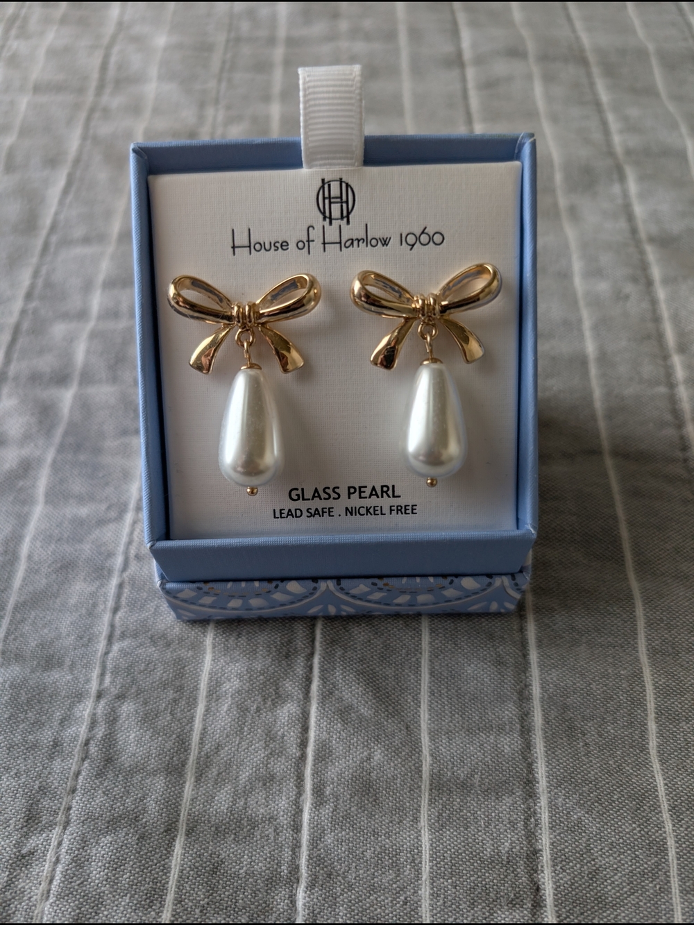 House of Harlow 1960 Gold Bow with White Pearl Teardrop Earrings